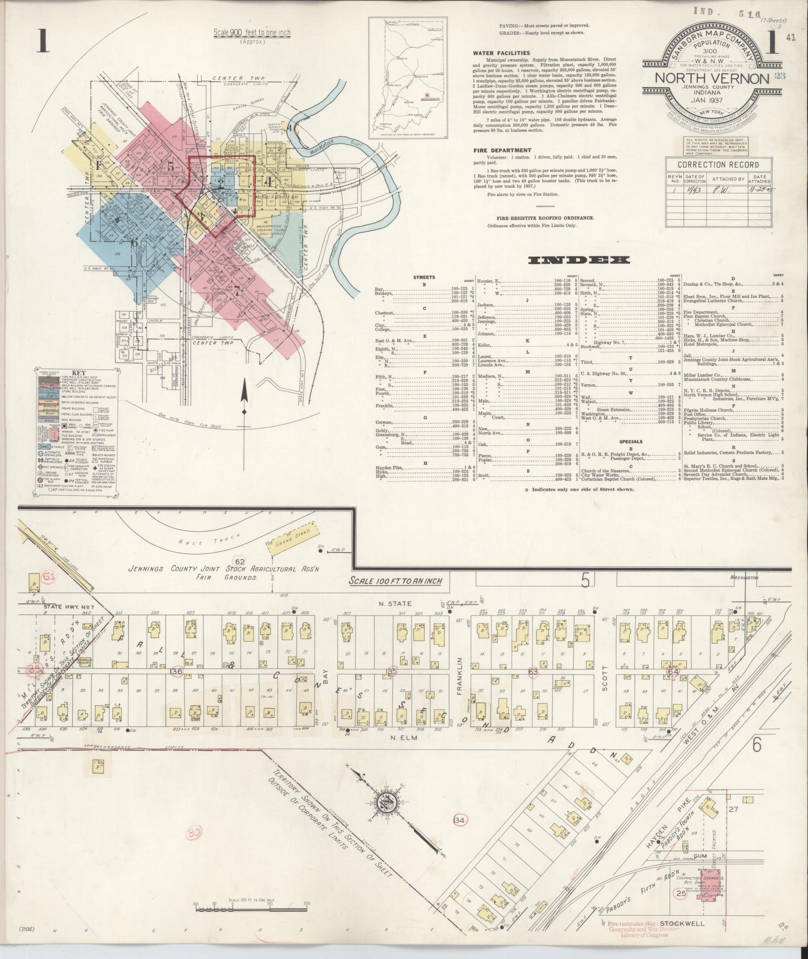 Sanborn Fire Insurance Map from North Vernon, Jennings County, Indiana (1943), Sheet #0001 - Complete Map Set gallery image, historic Sanborn map, vintage wall art, Indiana Indiana