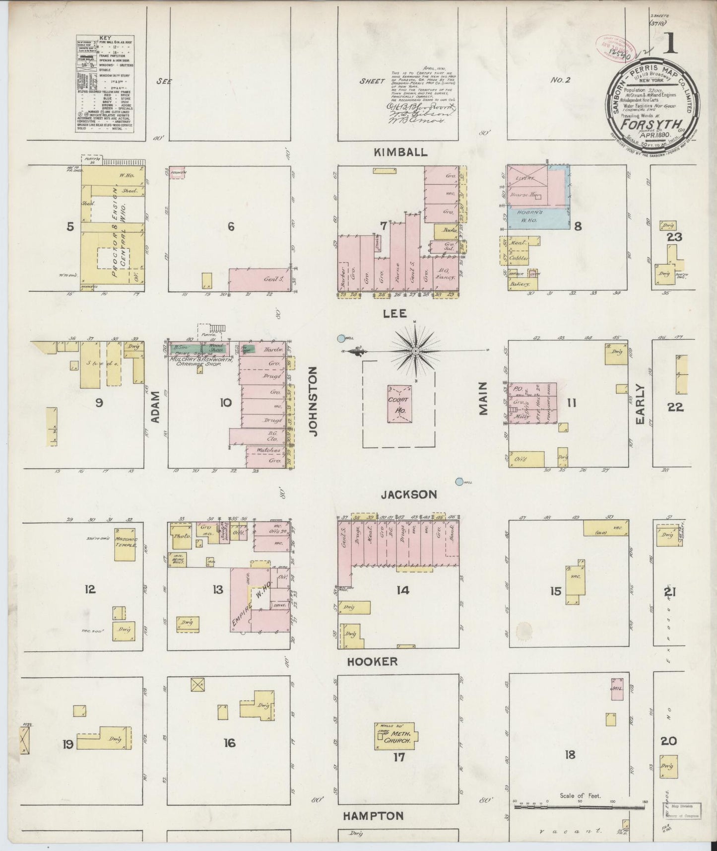 Sanborn Fire Insurance Map from Forsyth, Monroe County, Georgia (1890), Sheet #0001 - Complete Map Set gallery image, historic Sanborn map, vintage wall art, Georgia Georgia