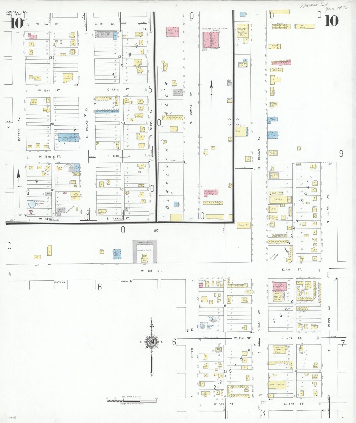 Sanborn Fire Insurance Map from Dumas, Moore County, Texas (1950), Sheet #0010 - Historic Sanborn Fire Insurance Map Print, vintage old map wall art, antique decor, genealogy gift, Texas Texas map