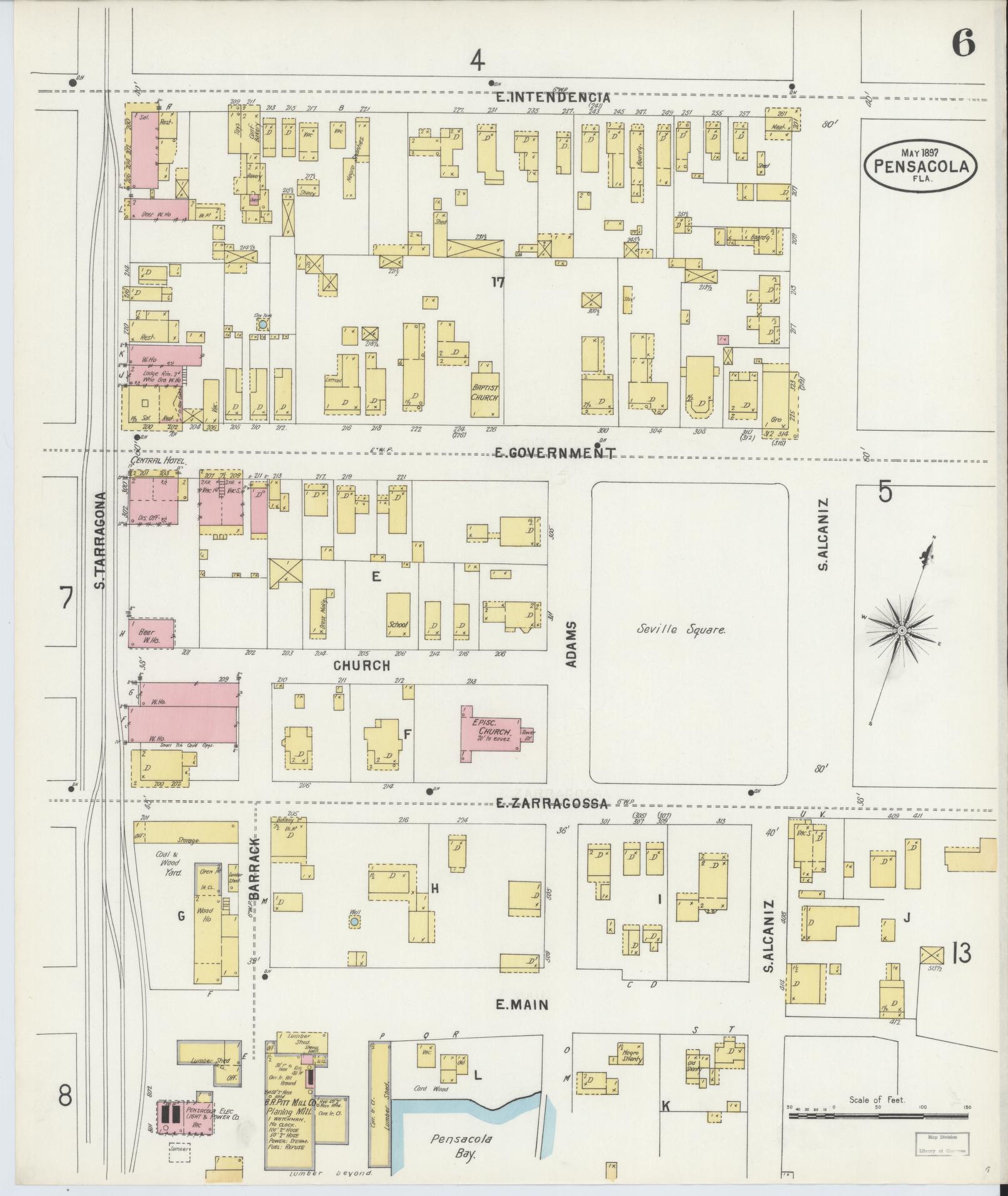 Sanborn Fire Insurance Map from Pensacola, Escambia County, Florida (1897), Sheet #0006 - Complete Map Set gallery image, historic Sanborn map, vintage wall art, Florida Florida