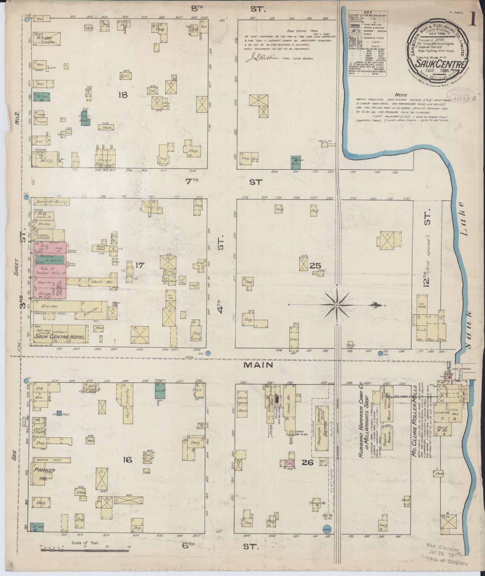 Sanborn Fire Insurance Map from Sauk Centre, Stearns County, Minnesota (1885), Sheet #0001 - Complete Map Set gallery image, historic Sanborn map, vintage wall art, Minnesota Minnesota