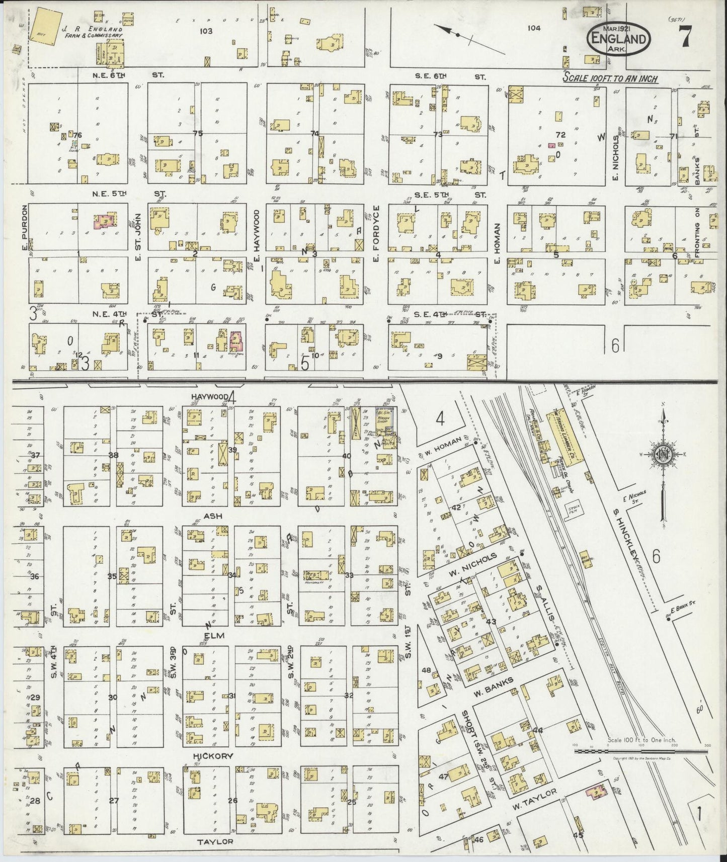 Sanborn Fire Insurance Map from England, Lonoke County, Arkansas (1921), Sheet #0007 - Complete Map Set gallery image, historic Sanborn map, vintage wall art, Arkansas Arkansas