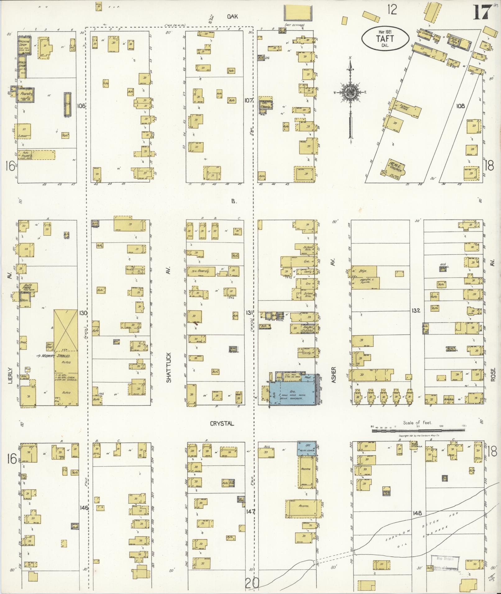 Sanborn Fire Insurance Map from Taft, Kern County, California (1921), Sheet #0017 - Complete Map Set gallery image, historic Sanborn map, vintage wall art, California California