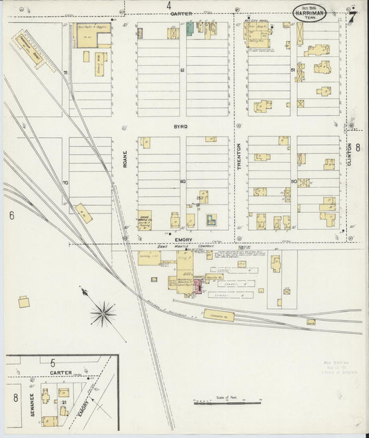 Sanborn Fire Insurance Map from Harriman, Roane County, Tennessee (1906), Sheet #0007 - Historic Sanborn Fire Insurance Map Print, vintage old map wall art, antique decor, genealogy gift, Tennessee Tennessee map