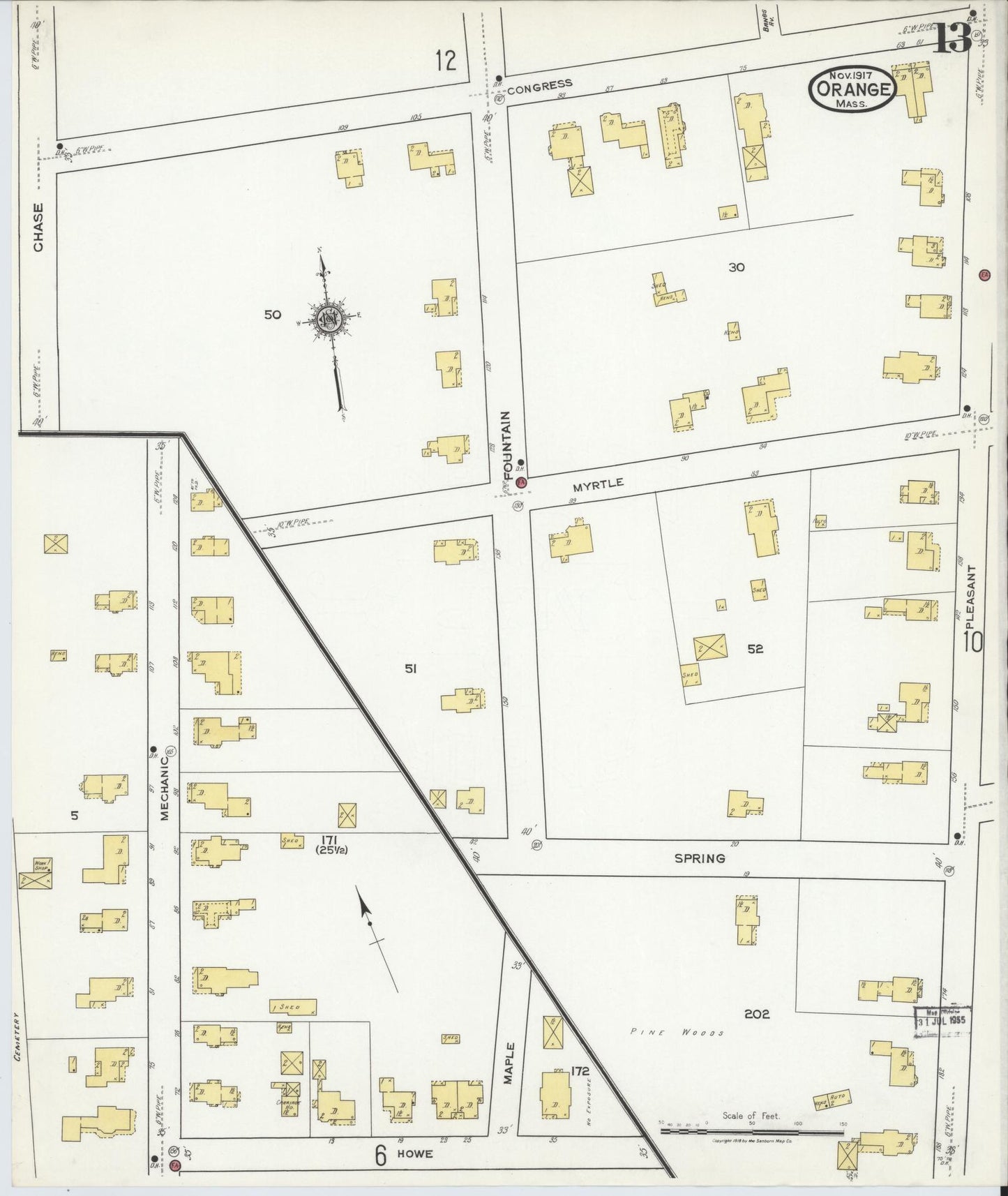 Sanborn Fire Insurance Map from Orange, Franklin County, Massachusetts (1917), Sheet #0013 - Complete Map Set gallery image, historic Sanborn map, vintage wall art, Massachusetts Massachusetts
