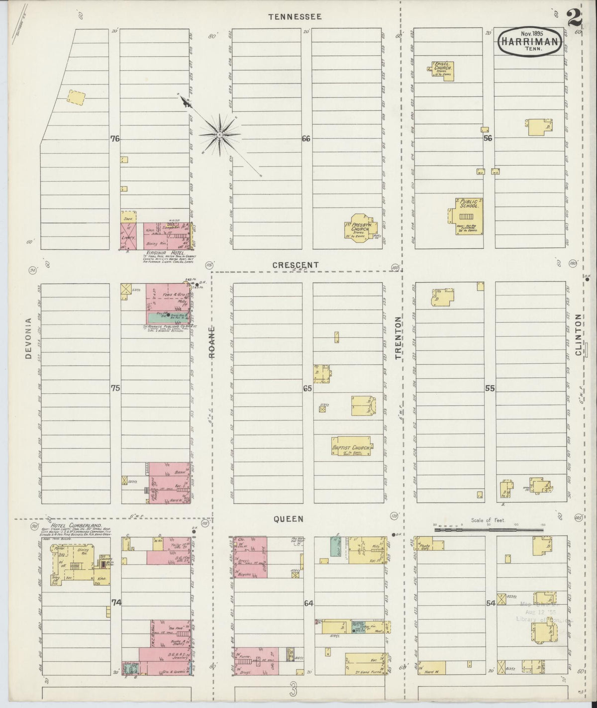 Sanborn Fire Insurance Map from Harriman, Roane County, Tennessee (1895), Sheet #0002 - Complete Map Set gallery image, historic Sanborn map, vintage wall art, Tennessee Tennessee