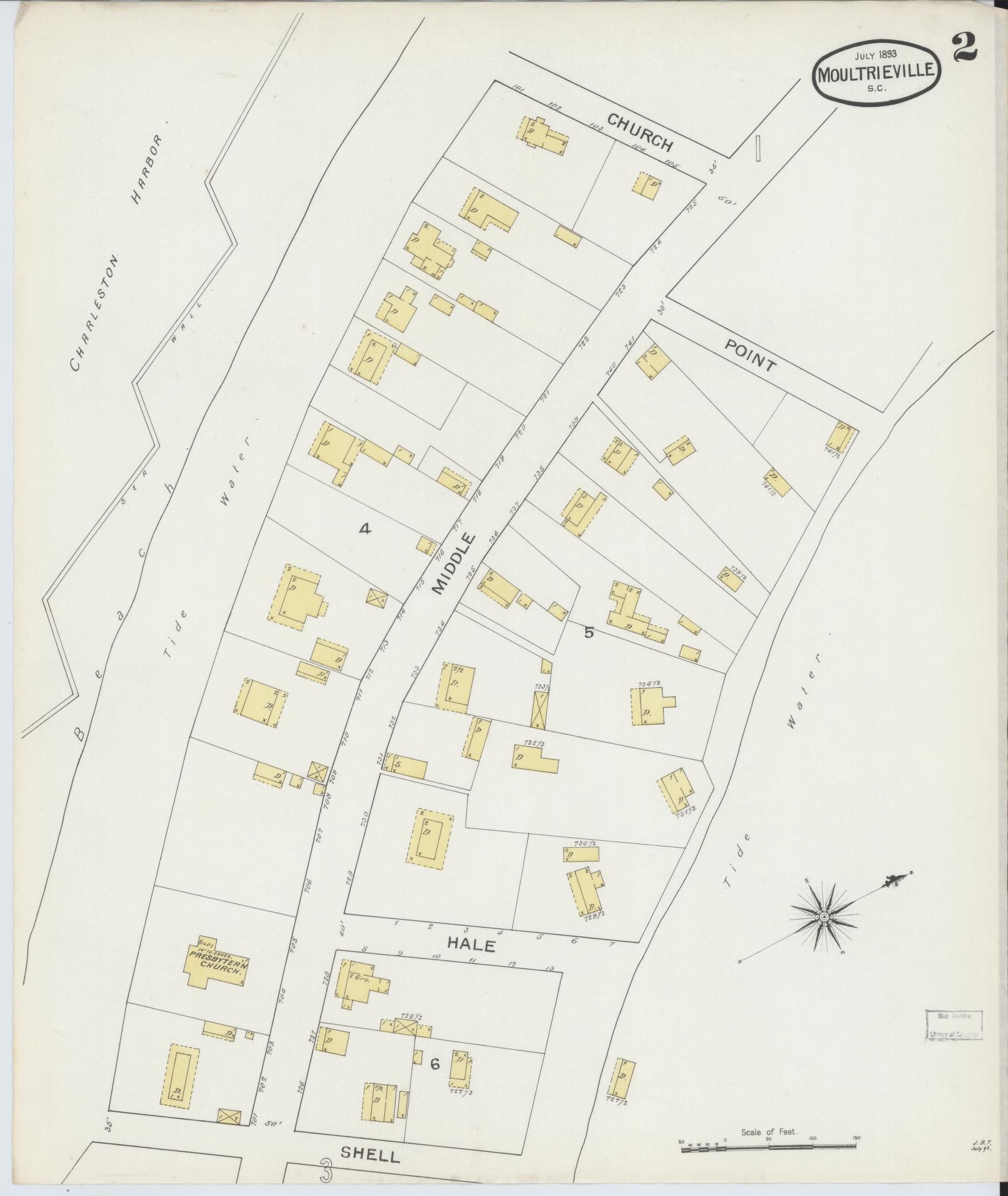 Sanborn Fire Insurance Map from Moultrieville, Charleston County, South Carolina (1893), Sheet #0002 - Historic Sanborn Fire Insurance Map Print, vintage old map wall art, antique decor, genealogy gift, South Carolina South Carolina map