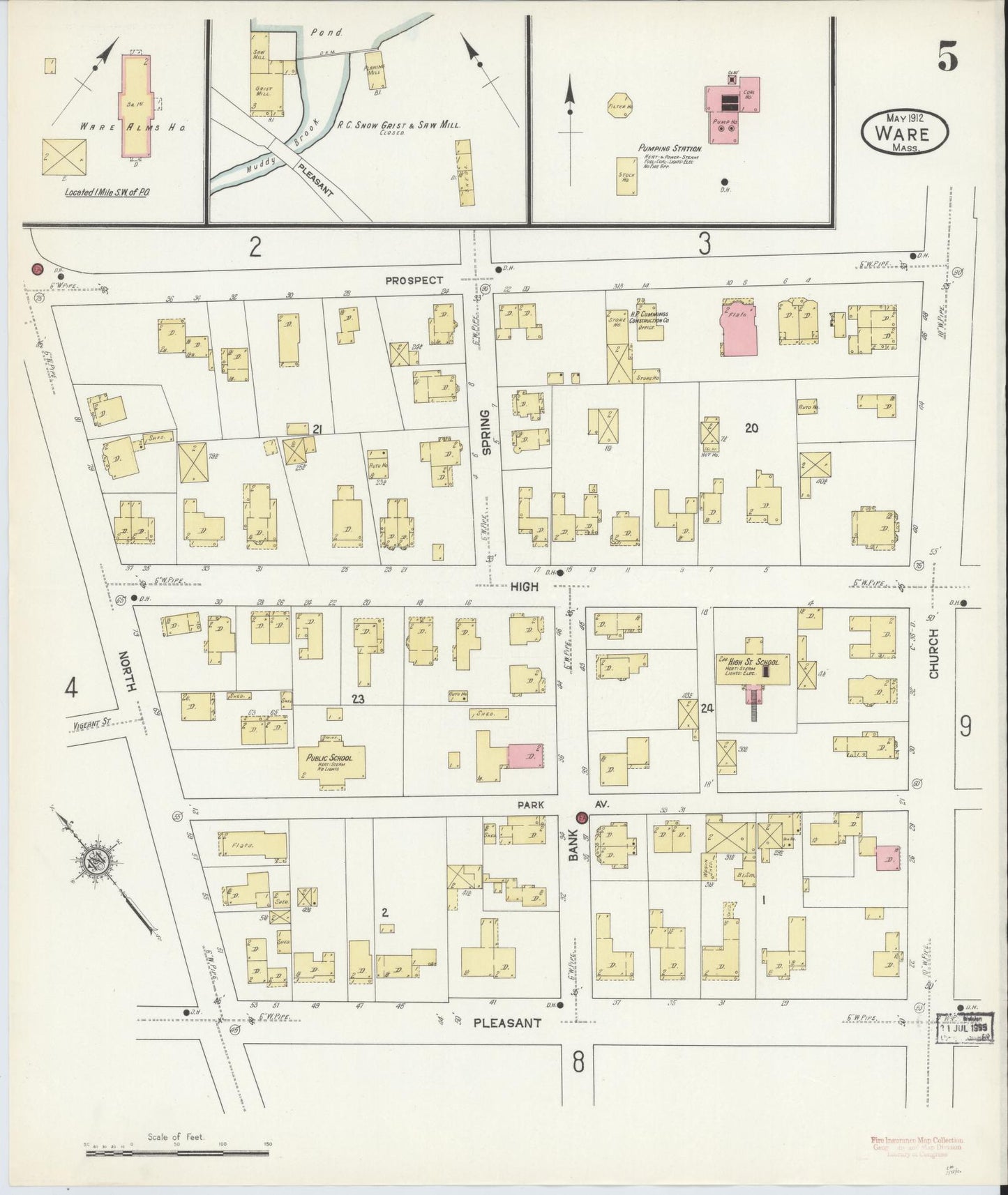 Sanborn Fire Insurance Map from Ware, Hampshire County, Massachusetts (1912), Sheet #0005 - Complete Map Set gallery image, historic Sanborn map, vintage wall art, Massachusetts Massachusetts