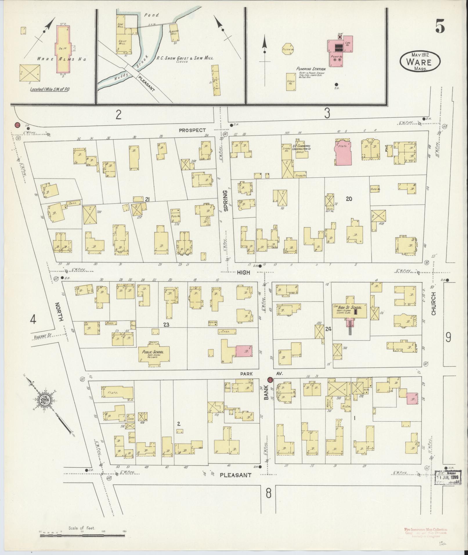 Sanborn Fire Insurance Map from Ware, Hampshire County, Massachusetts (1912), Sheet #0005 - Complete Map Set gallery image, historic Sanborn map, vintage wall art, Massachusetts Massachusetts