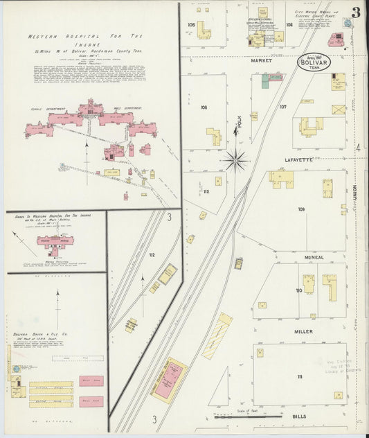 Sanborn Fire Insurance Map from Bolivar, Hardeman County, Tennessee (1907), Sheet #0003 - Historic Sanborn Fire Insurance Map Print, vintage old map wall art, antique decor, genealogy gift, Tennessee Tennessee map