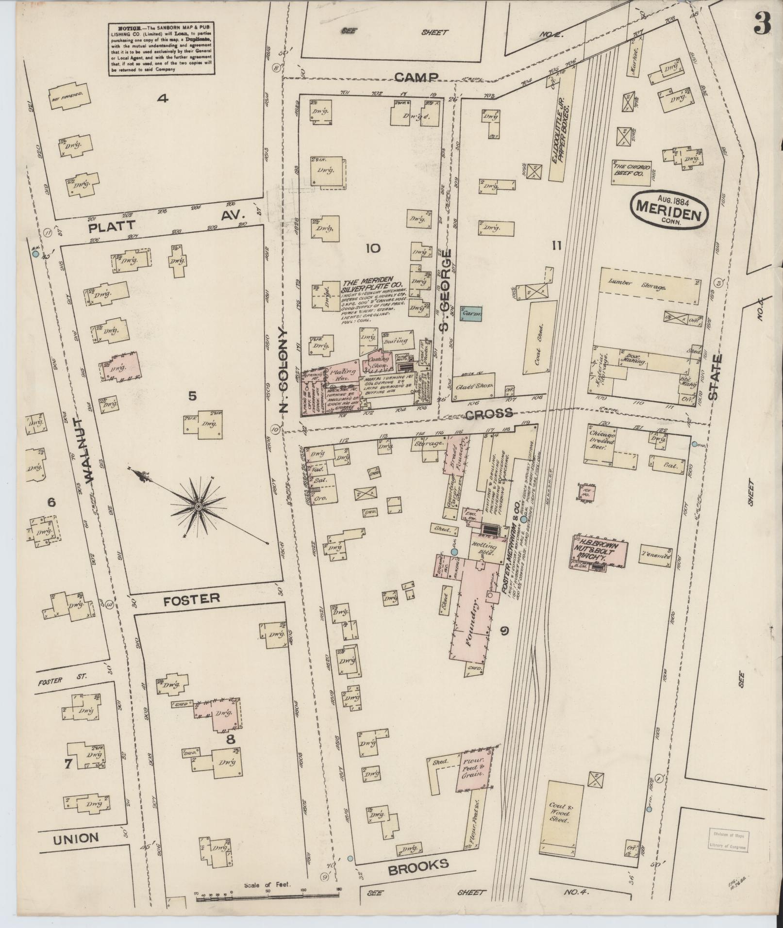 Sanborn Fire Insurance Map from Meriden, New Haven County, Connecticut (1884), Sheet #0003 - Historic Sanborn Fire Insurance Map Print, vintage old map wall art, antique decor, genealogy gift, Connecticut Connecticut map