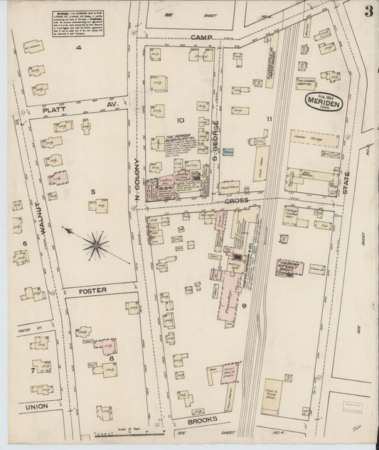 Sanborn Fire Insurance Map from Meriden, New Haven County, Connecticut (1884), Sheet #0003 - Historic Sanborn Fire Insurance Map Print, vintage old map wall art, antique decor, genealogy gift, Connecticut Connecticut map