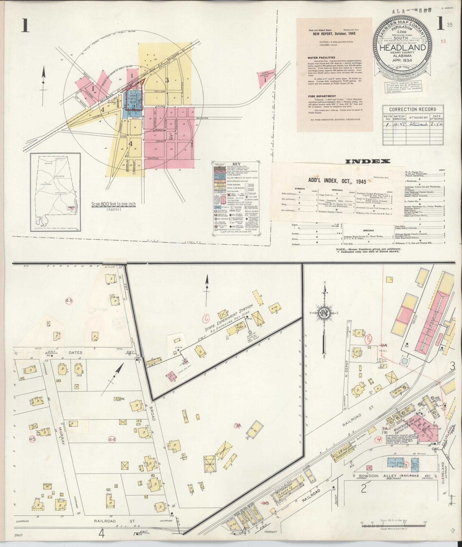 Sanborn Fire Insurance Map from Headland, Henry County, Alabama (1945), Sheet #0001 - Historic Sanborn Fire Insurance Map Print, vintage old map wall art, antique decor, genealogy gift, Alabama Alabama map