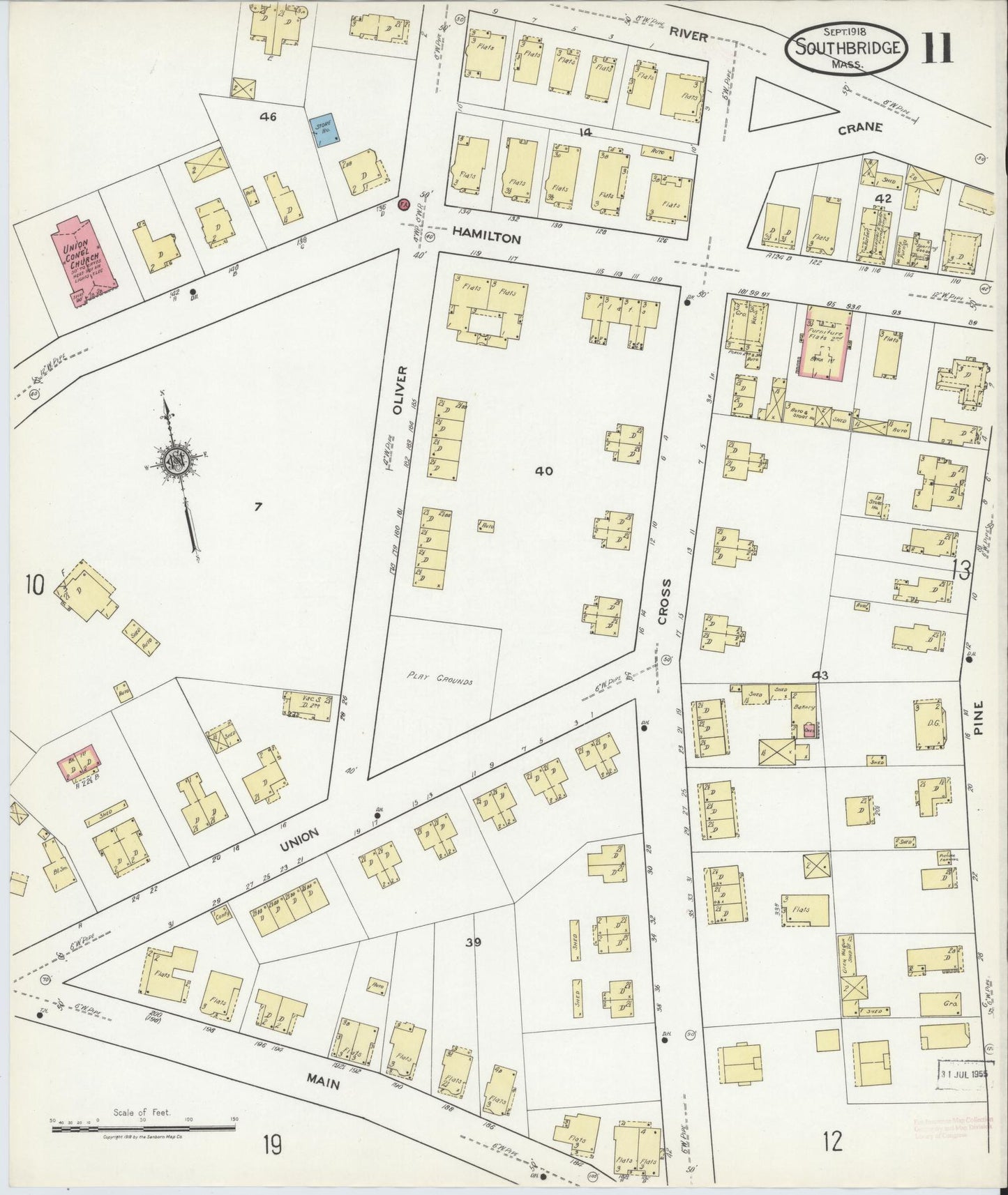 Sanborn Fire Insurance Map from Southbridge, Worcester County, Massachusetts (1918), Sheet #0011 - Historic Sanborn Fire Insurance Map Print, vintage old map wall art, antique decor, genealogy gift, Massachusetts Massachusetts map