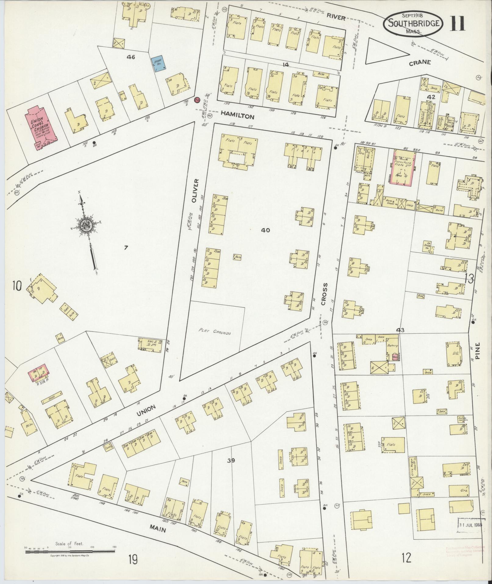 Sanborn Fire Insurance Map from Southbridge, Worcester County, Massachusetts (1918), Sheet #0011 - Historic Sanborn Fire Insurance Map Print, vintage old map wall art, antique decor, genealogy gift, Massachusetts Massachusetts map