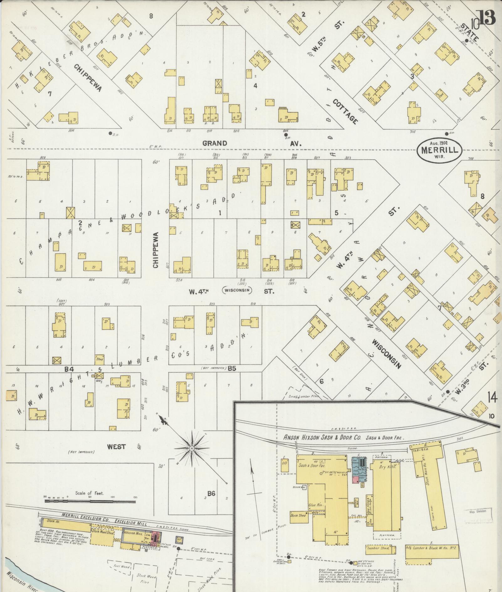 Sanborn Fire Insurance Map from Merrill, Lincoln County, Wisconsin (1902), Sheet #0013 - Historic Sanborn Fire Insurance Map Print, vintage old map wall art, antique decor, genealogy gift, Wisconsin Wisconsin map