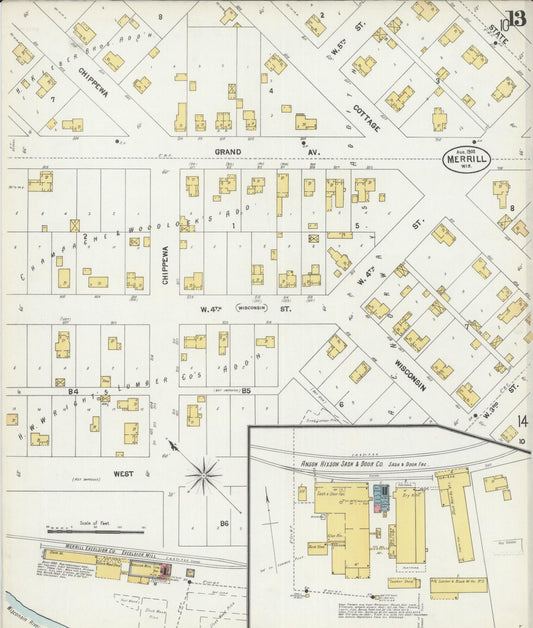 Sanborn Fire Insurance Map from Merrill, Lincoln County, Wisconsin (1902), Sheet #0013 - Historic Sanborn Fire Insurance Map Print, vintage old map wall art, antique decor, genealogy gift, Wisconsin Wisconsin map