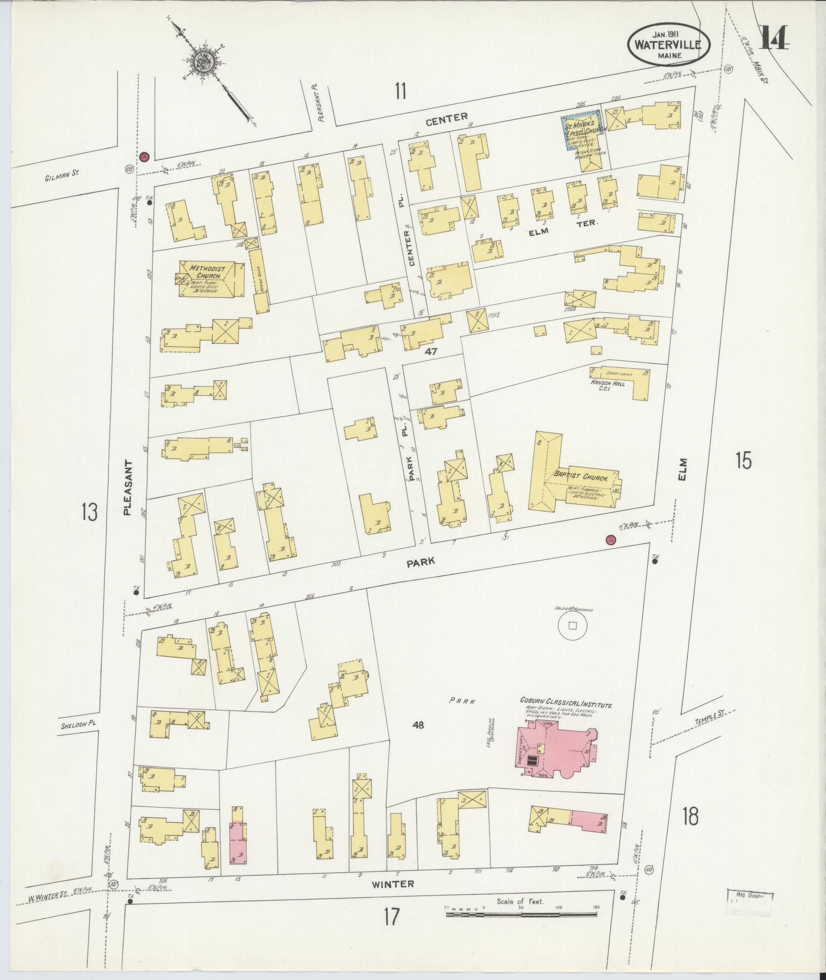 Sanborn Fire Insurance Map from Waterville, Kennebec County, Maine (1911), Sheet #0014 - Complete Map Set gallery image, historic Sanborn map, vintage wall art, Maine Maine
