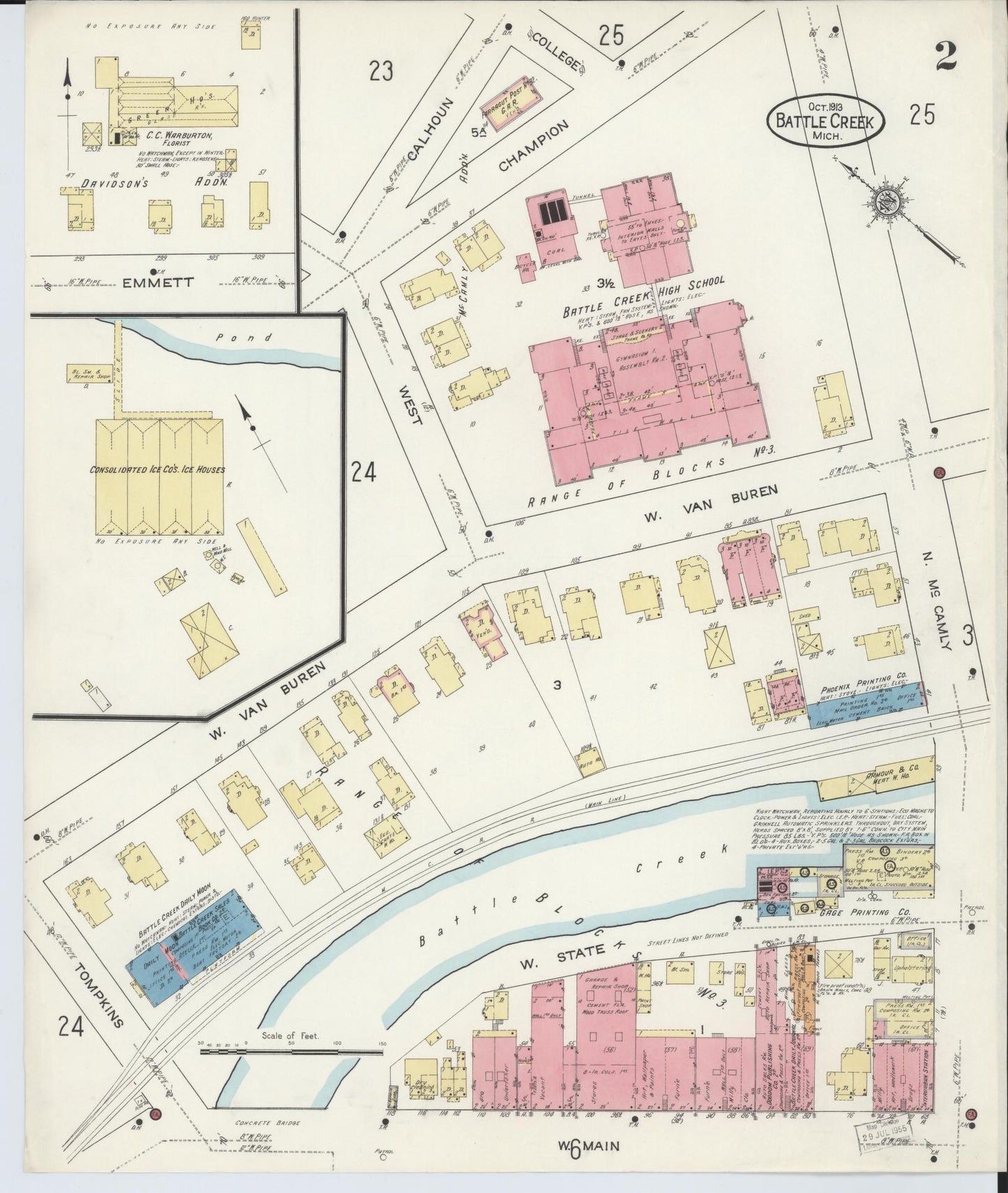 Sanborn Fire Insurance Map from Battle Creek, Calhoun County, Michigan (1913), Sheet #0002 - Historic Sanborn Fire Insurance Map Print, vintage old map wall art, antique decor, genealogy gift, Michigan Michigan map