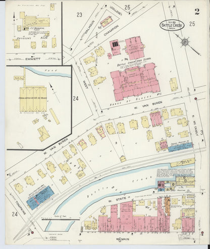 Sanborn Fire Insurance Map from Battle Creek, Calhoun County, Michigan (1913), Sheet #0002 - Historic Sanborn Fire Insurance Map Print, vintage old map wall art, antique decor, genealogy gift, Michigan Michigan map