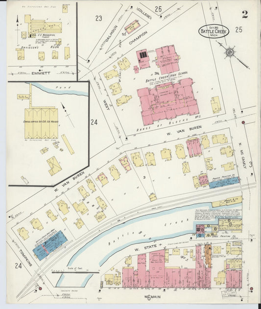 Sanborn Fire Insurance Map from Battle Creek, Calhoun County, Michigan (1913), Sheet #0002 - Historic Sanborn Fire Insurance Map Print, vintage old map wall art, antique decor, genealogy gift, Michigan Michigan map