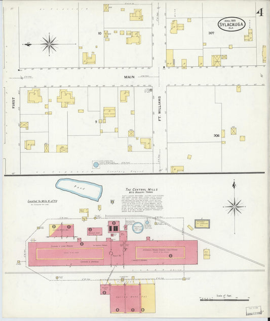 Sanborn Fire Insurance Map from Sylacauga, Talladega County, Alabama (1909), Sheet #0004 - Historic Sanborn Fire Insurance Map Print, vintage old map wall art, antique decor, genealogy gift, Alabama Alabama map