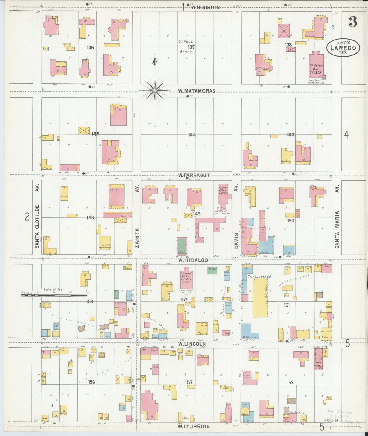 Sanborn Fire Insurance Map from Laredo, Webb County, Texas (1900), Sheet #0003 - Historic Sanborn Fire Insurance Map Print, vintage old map wall art, antique decor, genealogy gift, Texas Texas map