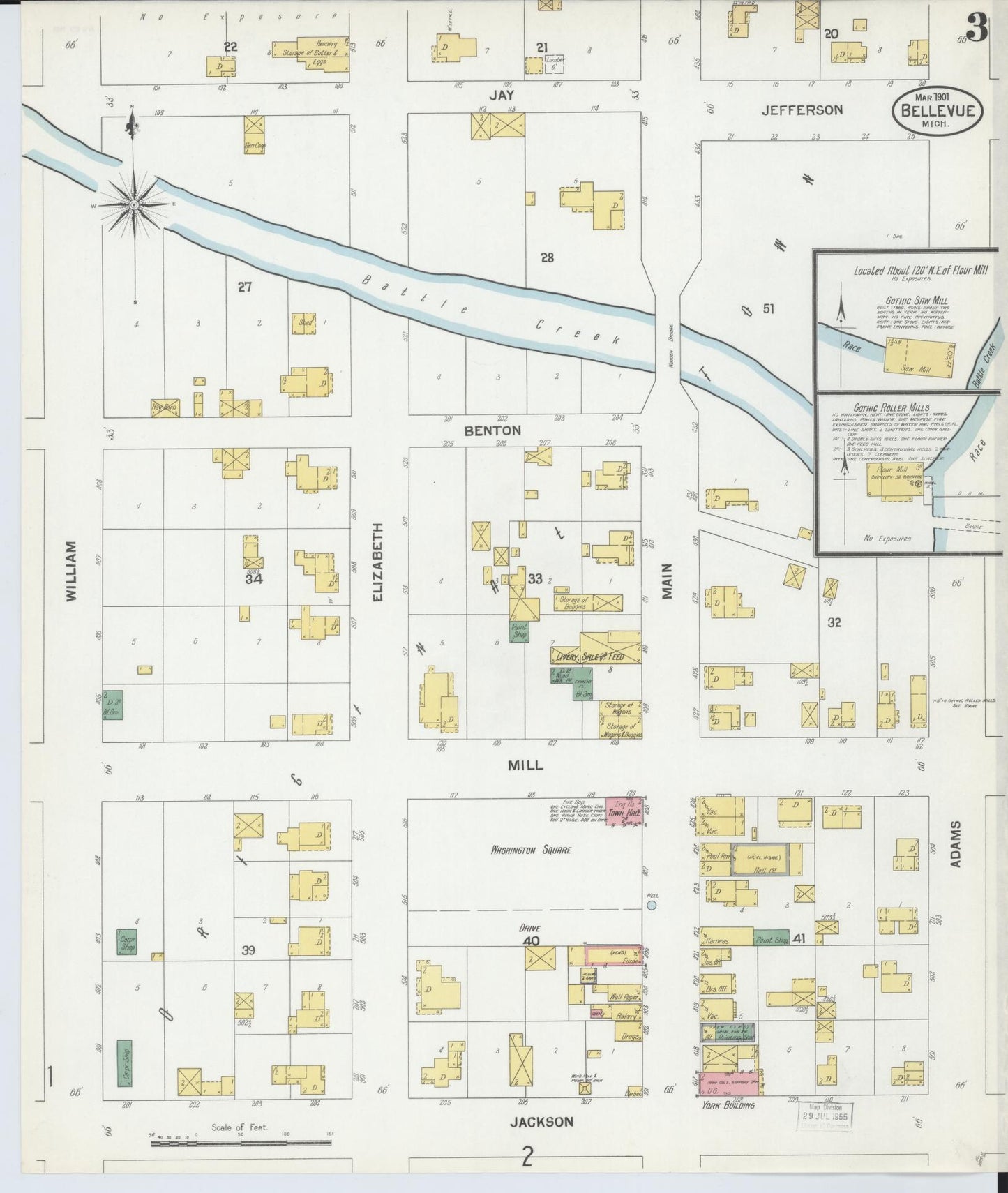 Sanborn Fire Insurance Map from Bellevue, Eaton County, Michigan (1901), Sheet #0003 - Complete Map Set gallery image, historic Sanborn map, vintage wall art, Michigan Michigan