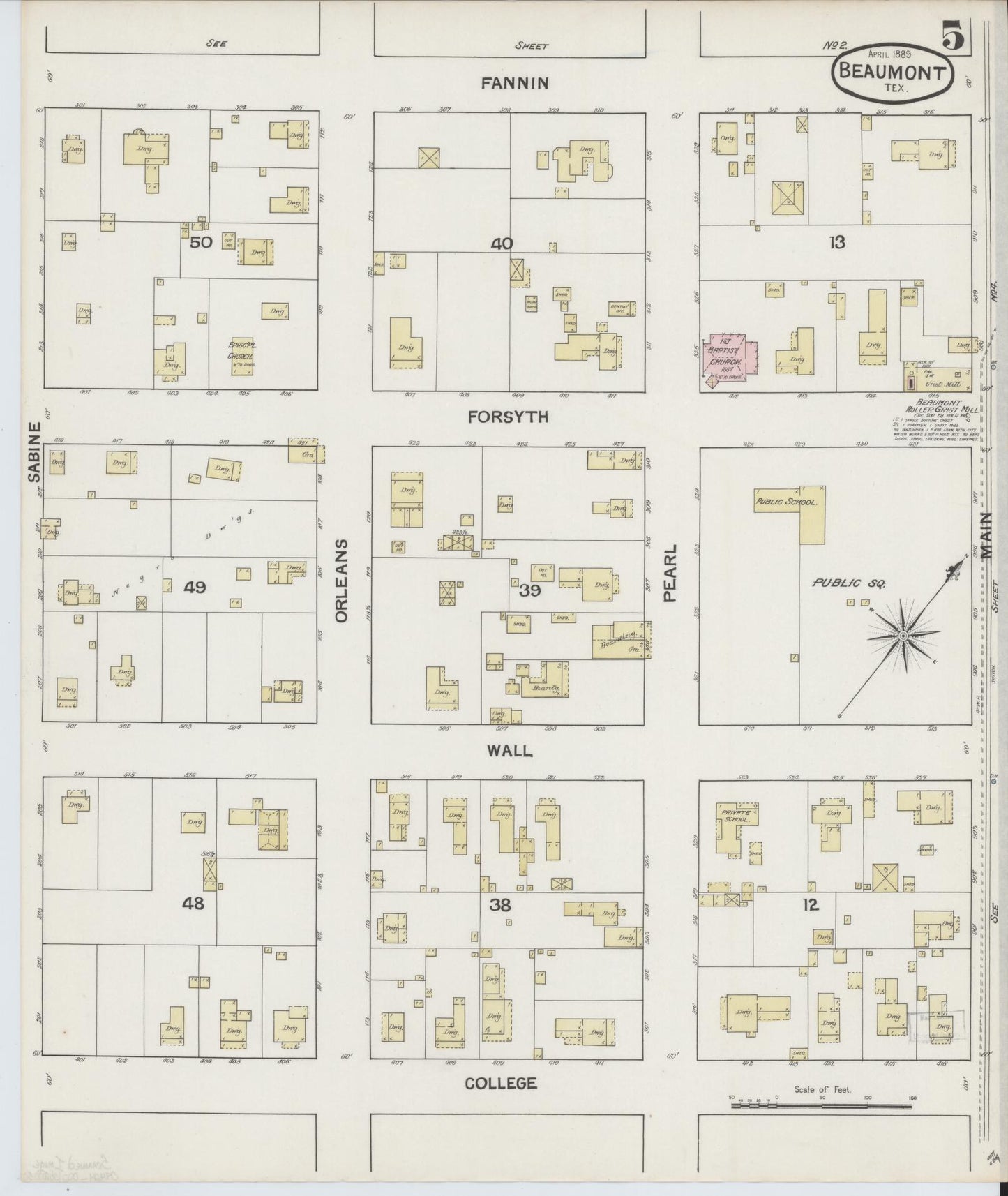 Sanborn Fire Insurance Map from Beaumont, Jefferson County, Texas (1889), Sheet #0005 - Historic Sanborn Fire Insurance Map Print, vintage old map wall art, antique decor, genealogy gift, Texas Texas map