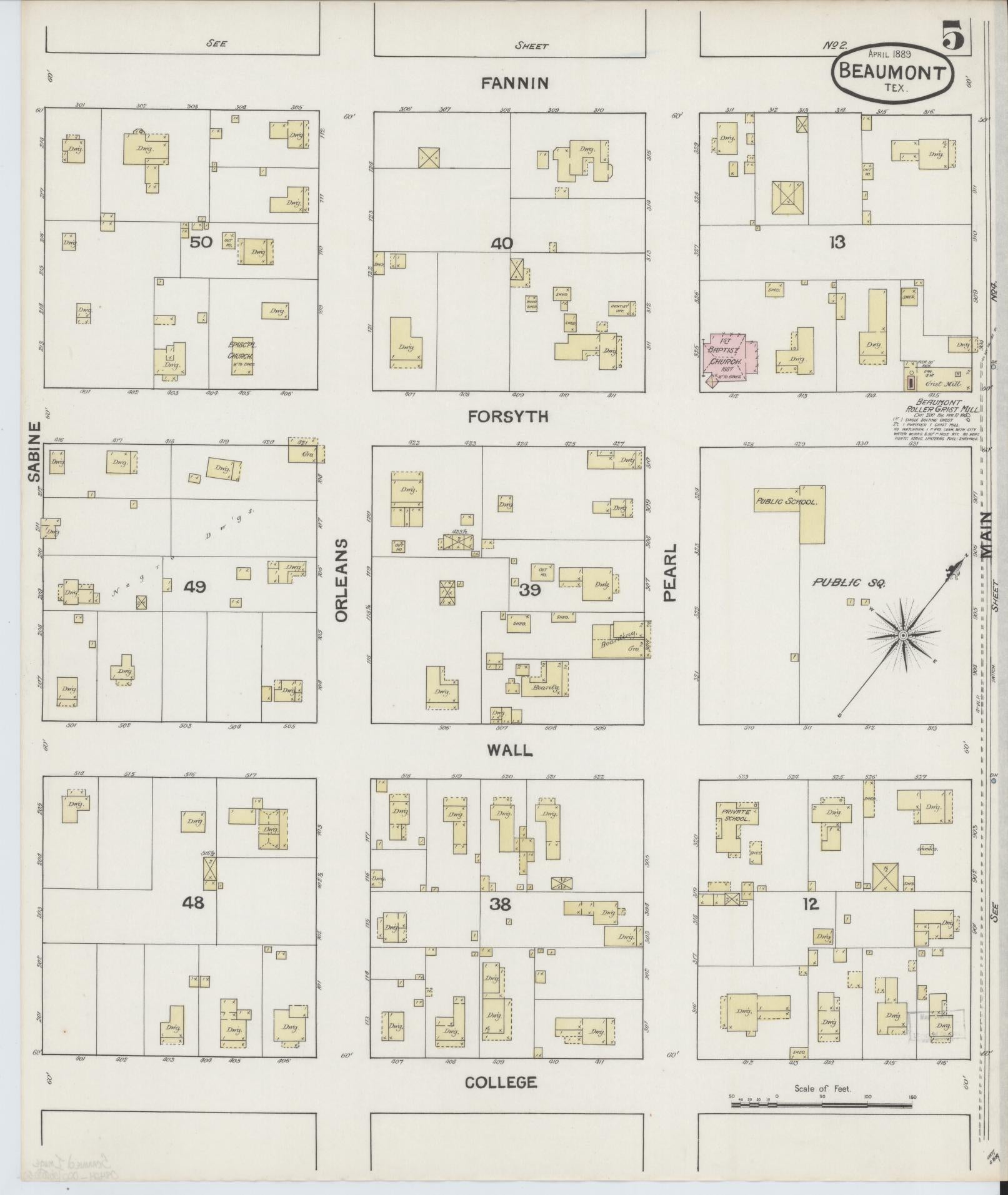 Sanborn Fire Insurance Map from Beaumont, Jefferson County, Texas (1889), Sheet #0005 - Historic Sanborn Fire Insurance Map Print, vintage old map wall art, antique decor, genealogy gift, Texas Texas map