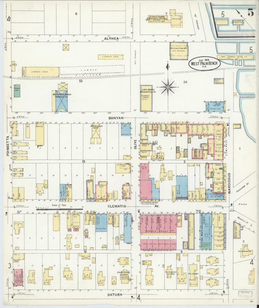 Sanborn Fire Insurance Map from West Palm Beach, Dade County, Florida (1908), Sheet #0005 - Historic Sanborn Fire Insurance Map Print, vintage old map wall art, antique decor, genealogy gift, Florida Florida map