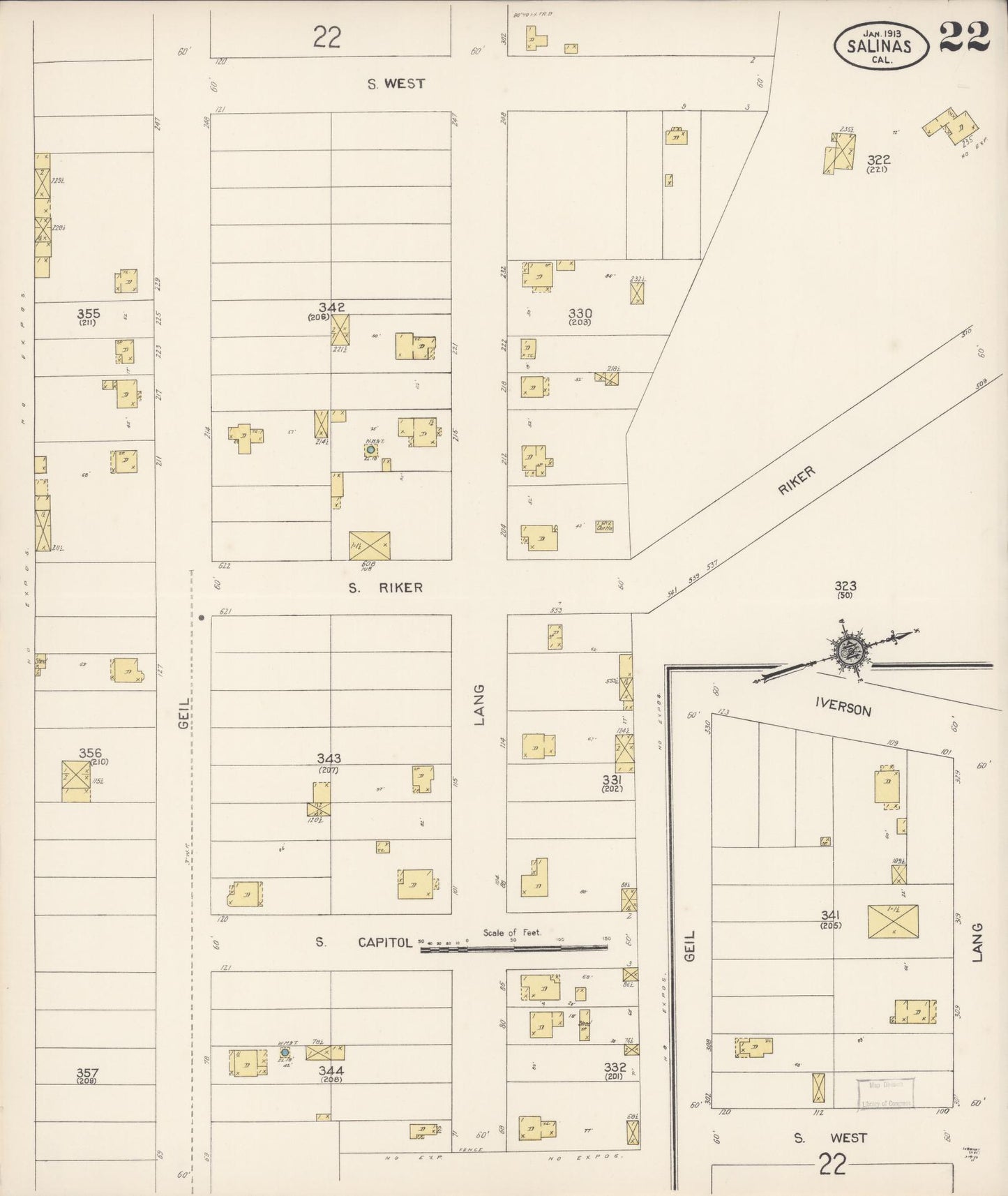 Sanborn Fire Insurance Map from Salinas, Monterey County, California (1913), Sheet #0022 - Complete Map Set gallery image, historic Sanborn map, vintage wall art, California California