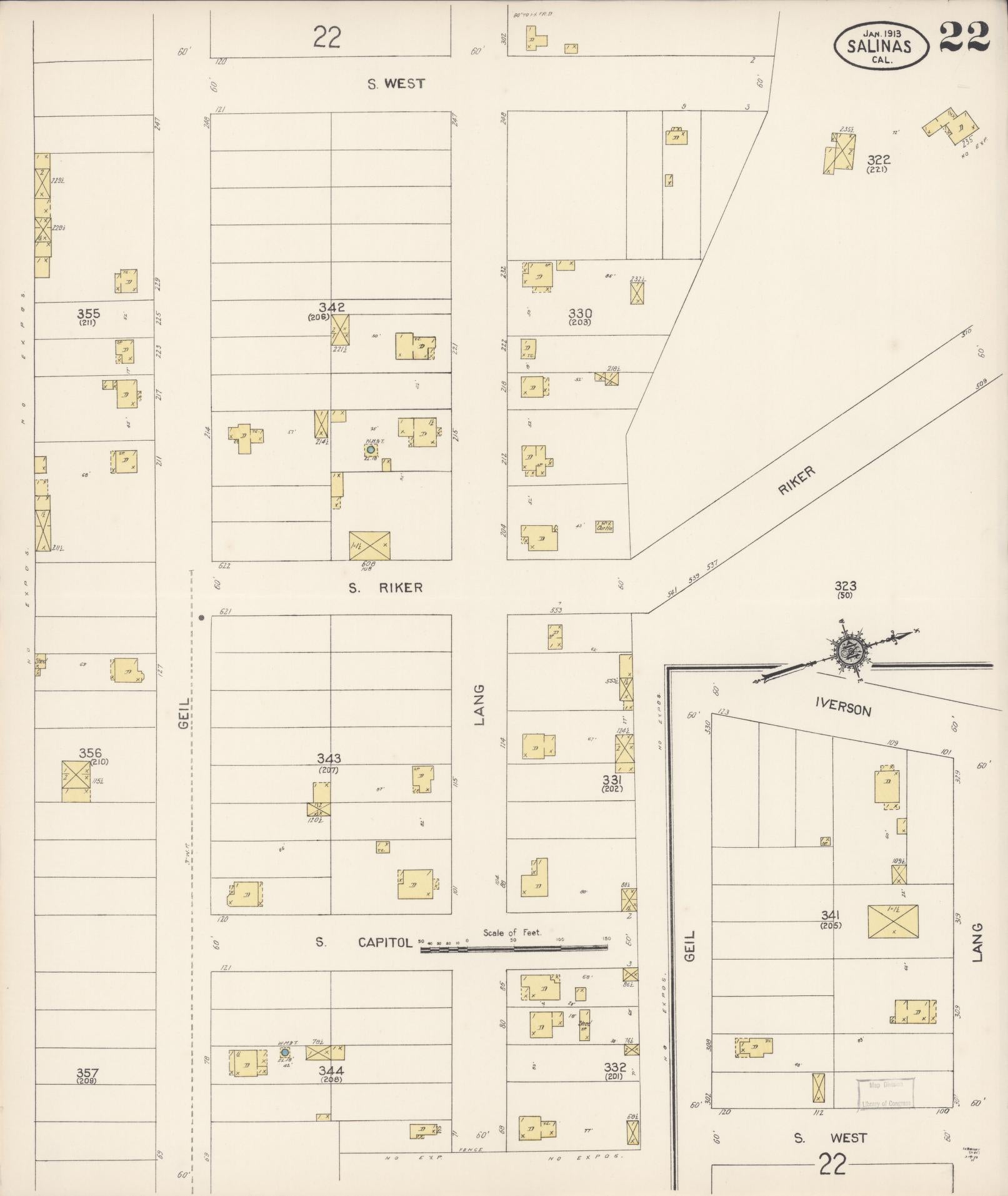 Sanborn Fire Insurance Map from Salinas, Monterey County, California (1913), Sheet #0022 - Complete Map Set gallery image, historic Sanborn map, vintage wall art, California California