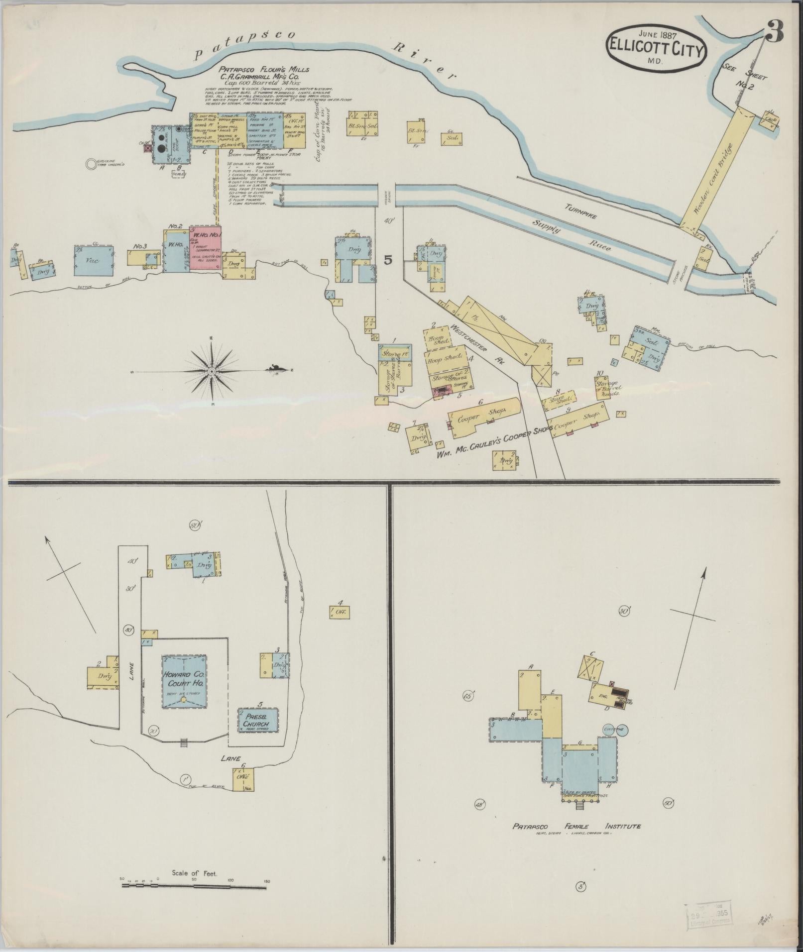 Sanborn Fire Insurance Map from Ellicott City, Howard County, Maryland (1887), Sheet #0003 - Complete Map Set gallery image, historic Sanborn map, vintage wall art, Maryland Maryland