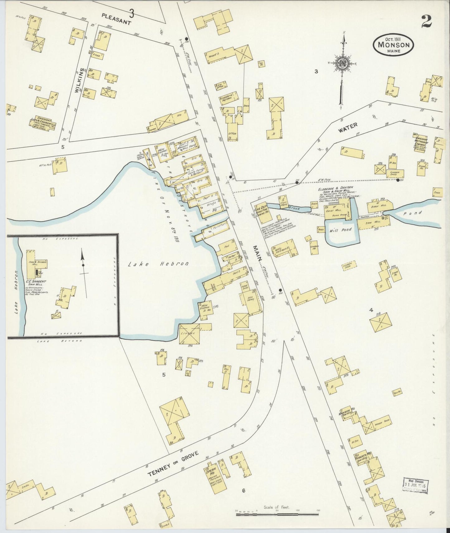 Sanborn Fire Insurance Map from Monson, Piscataquis County, Maine (1911), Sheet #0002 - Historic Sanborn Fire Insurance Map Print, vintage old map wall art, antique decor, genealogy gift, Maine Maine map