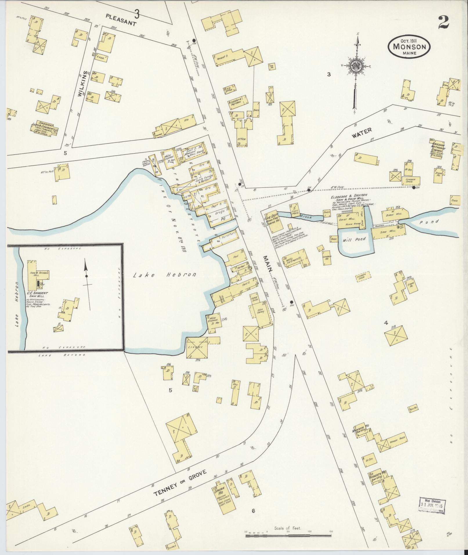 Sanborn Fire Insurance Map from Monson, Piscataquis County, Maine (1911), Sheet #0002 - Historic Sanborn Fire Insurance Map Print, vintage old map wall art, antique decor, genealogy gift, Maine Maine map