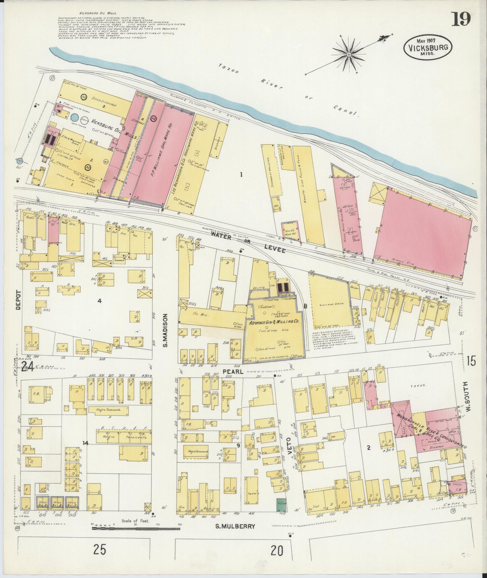 Sanborn Fire Insurance Map from Vicksburg, Warren County, Mississippi (1907), Sheet #0019 - Historic Sanborn Fire Insurance Map Print, vintage old map wall art, antique decor, genealogy gift, Mississippi Mississippi map