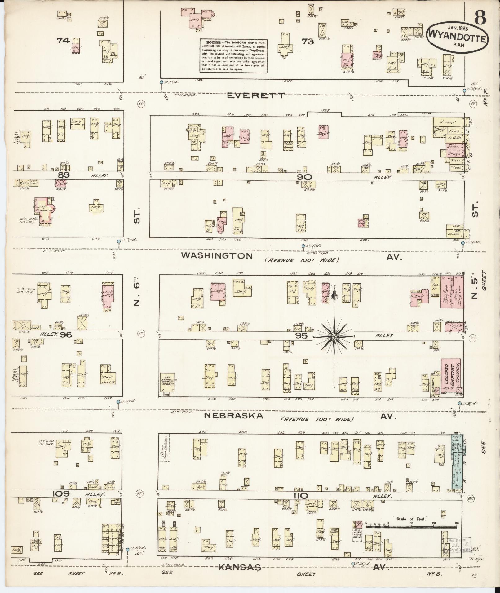 Sanborn Fire Insurance Map from Wyandotte, Wyandotte County, Kansas (1885), Sheet #0008 - Complete Map Set gallery image, historic Sanborn map, vintage wall art, Kansas Kansas