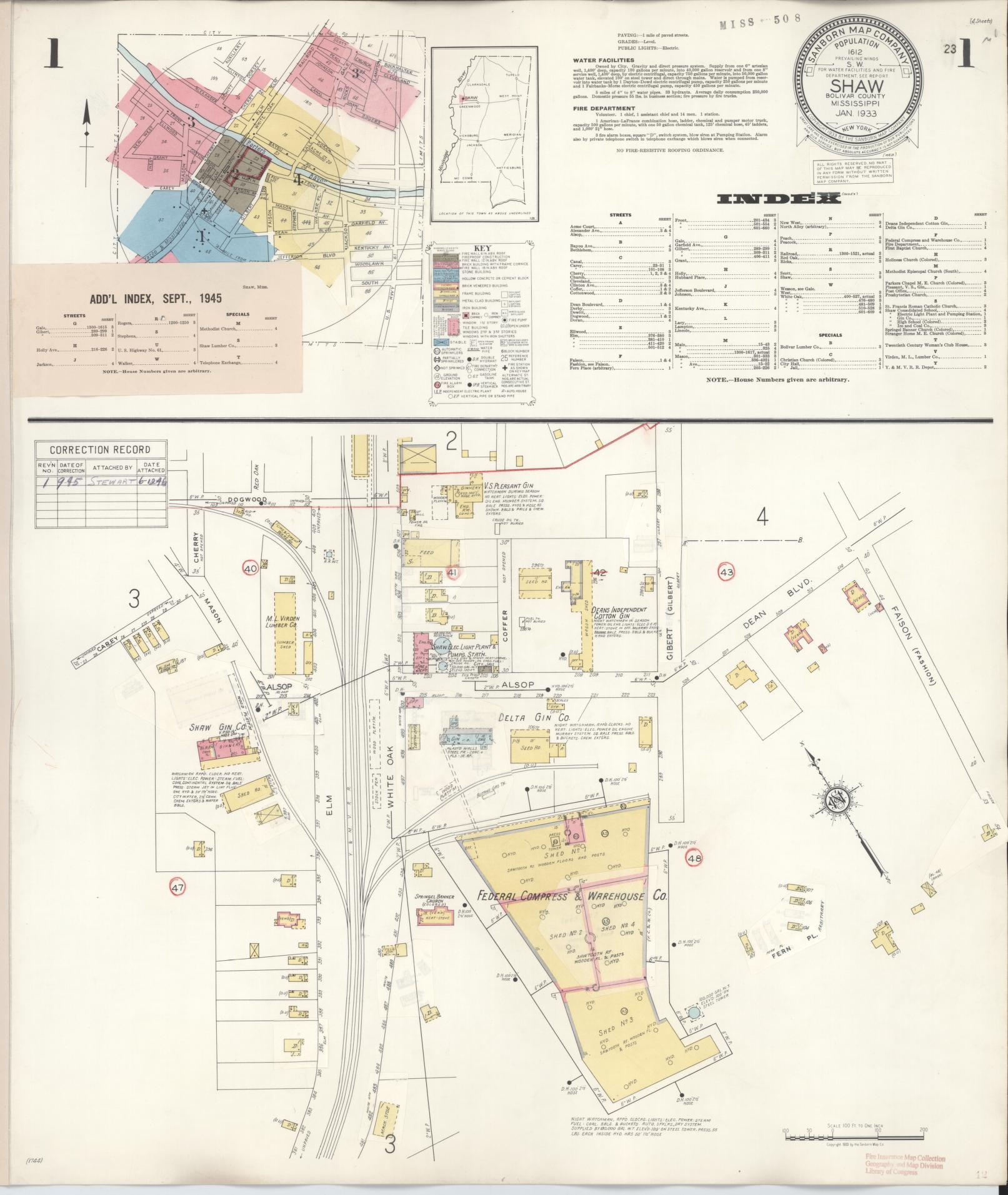 Sanborn Fire Insurance Map from Shaw, Bolivar County, Mississippi (1945), Sheet #0001 - Complete Map Set gallery image, historic Sanborn map, vintage wall art, Mississippi Mississippi