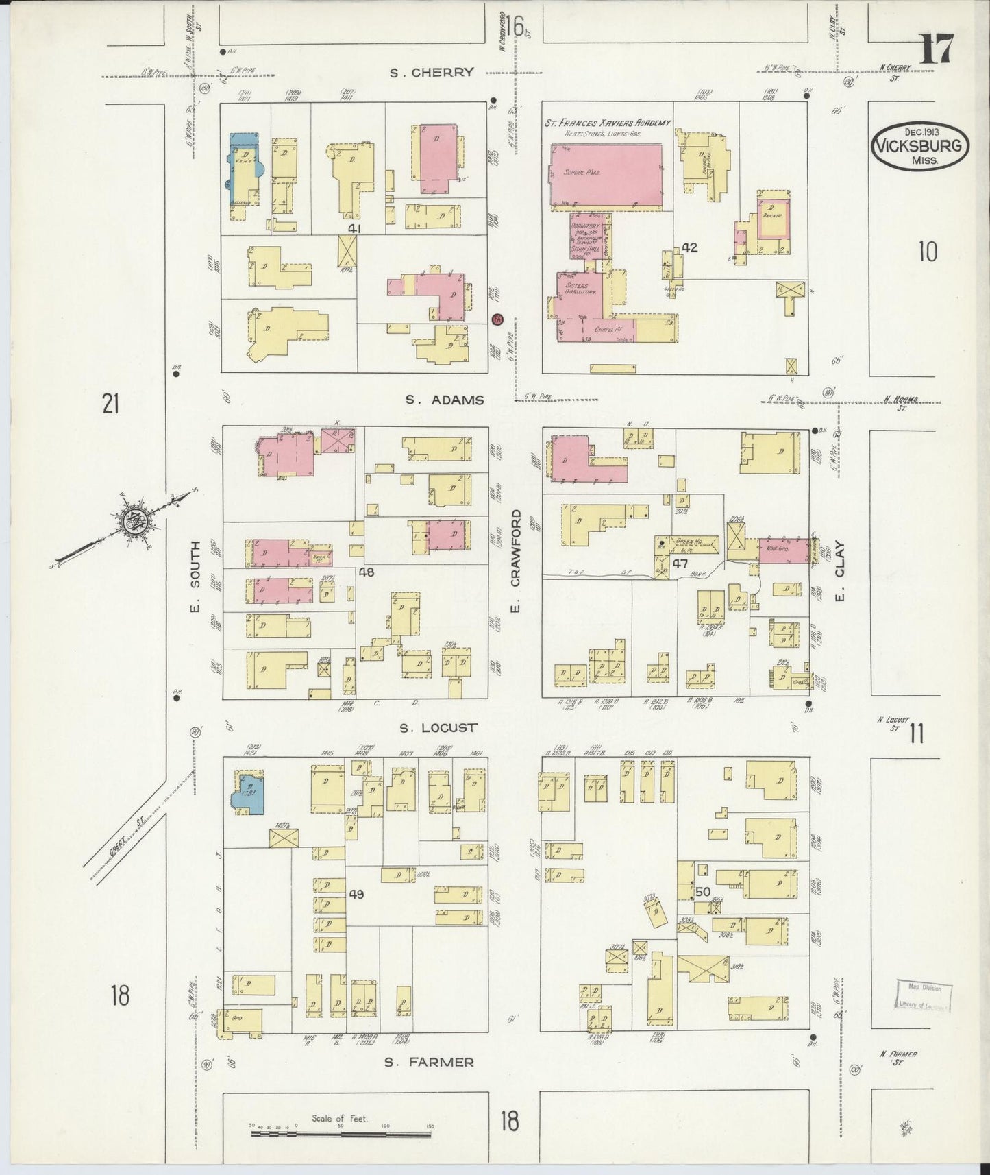 Sanborn Fire Insurance Map from Vicksburg, Warren County, Mississippi (1913), Sheet #0017 - Historic Sanborn Fire Insurance Map Print, vintage old map wall art, antique decor, genealogy gift, Mississippi Mississippi map