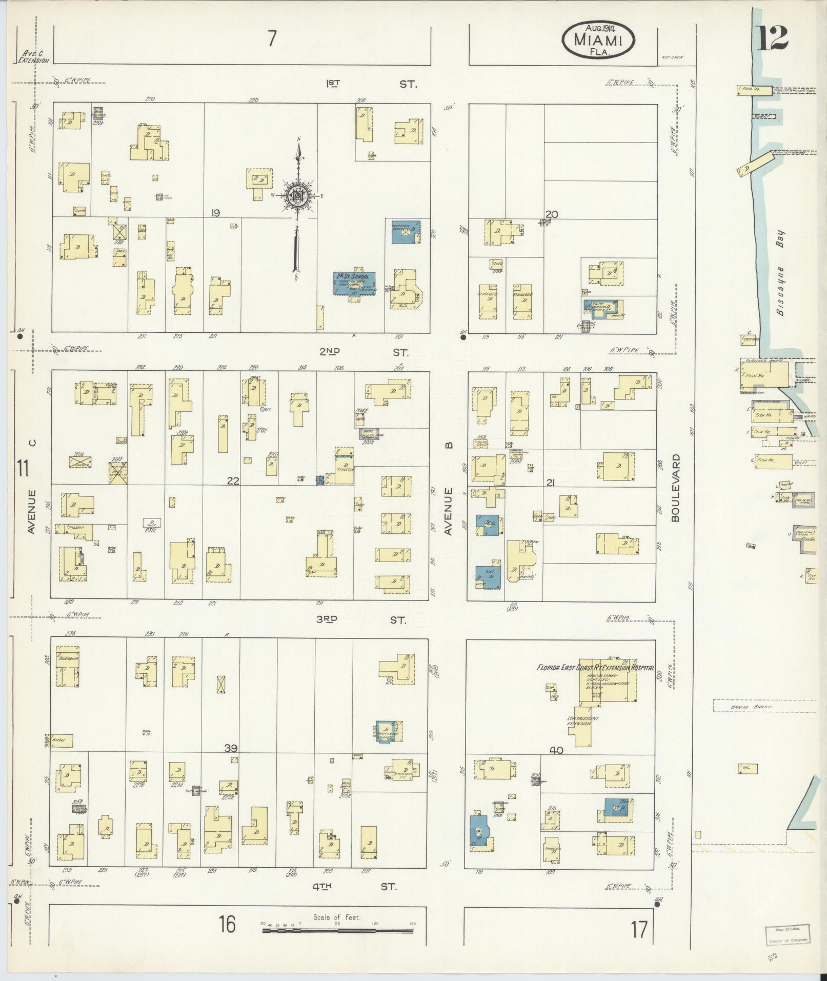 Sanborn Fire Insurance Map from Miami, Dade County, Florida (1914), Sheet #0012 - Historic Sanborn Fire Insurance Map Print, vintage old map wall art, antique decor, genealogy gift, Florida Florida map