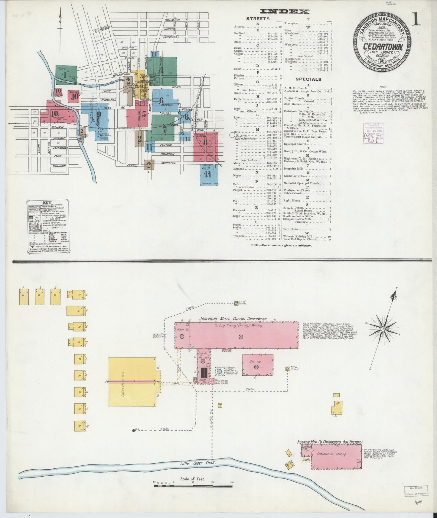 Sanborn Fire Insurance Map from Cedartown, Polk County, Georgia (1905), Sheet #0001 - Historic Sanborn Fire Insurance Map Print, vintage old map wall art, antique decor, genealogy gift, Georgia Georgia map