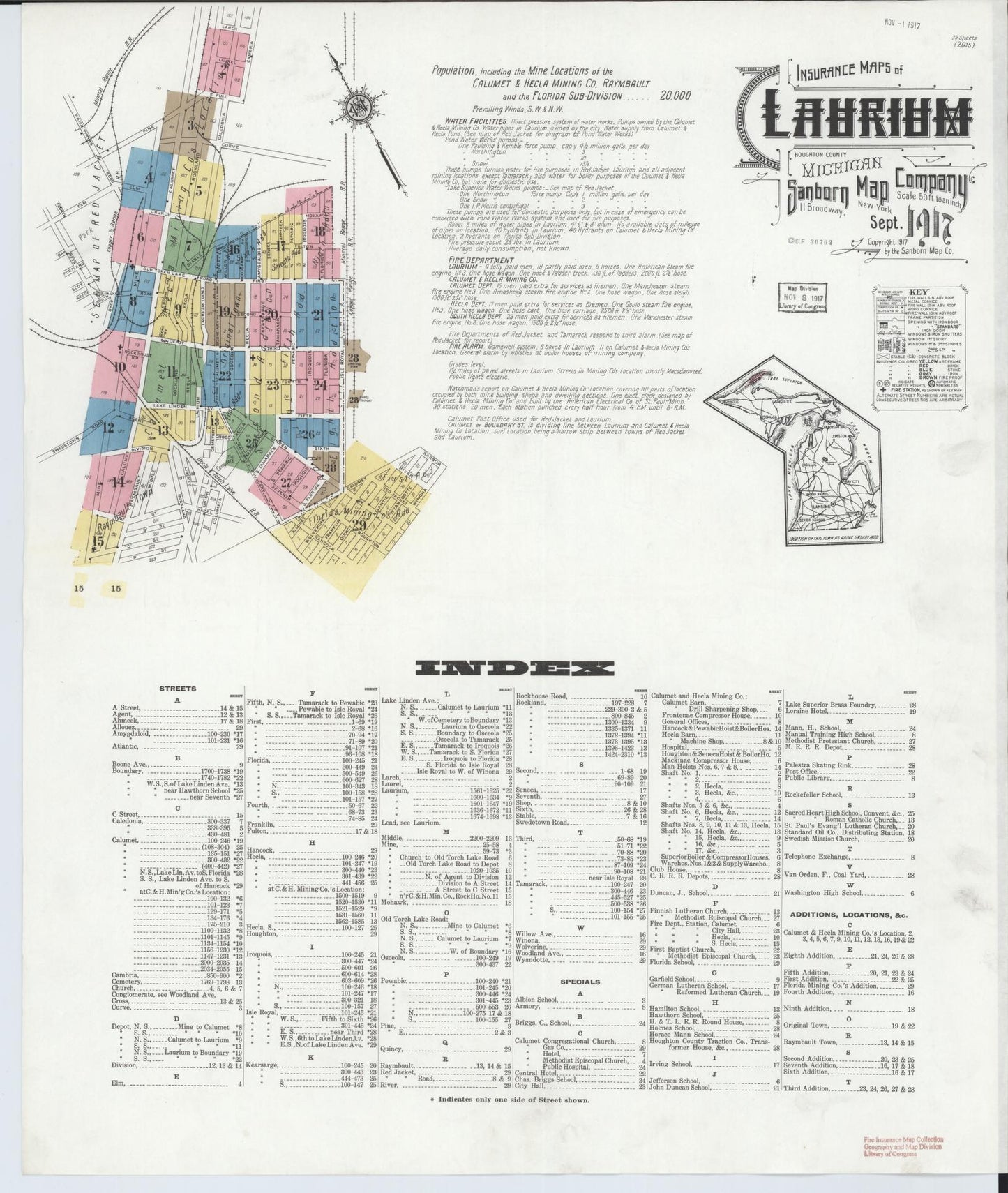 Sanborn Fire Insurance Map from Laurium, Houghton County, Michigan (1917), Sheet #0001 - Complete Map Set gallery image, historic Sanborn map, vintage wall art, Michigan Michigan