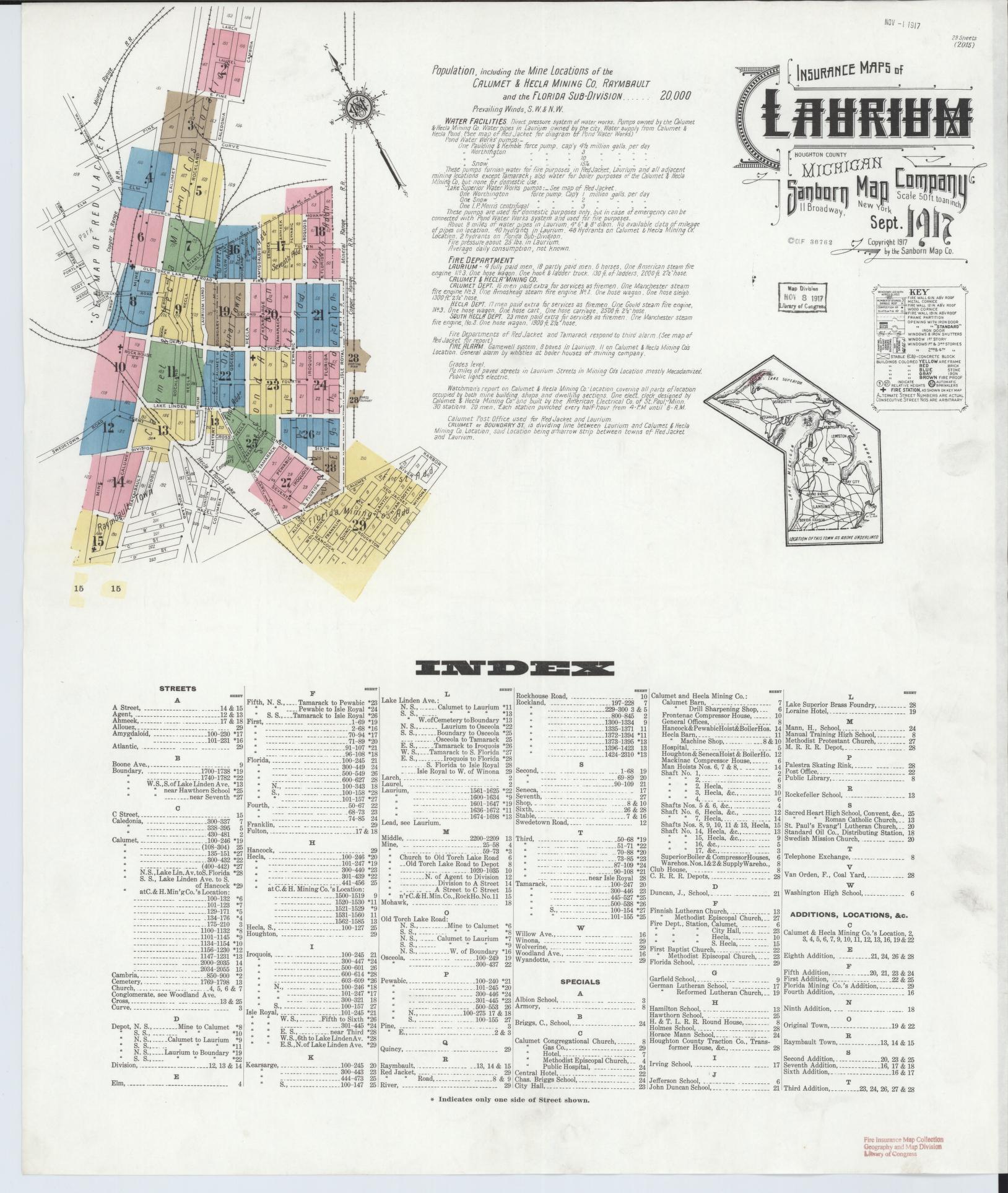Sanborn Fire Insurance Map from Laurium, Houghton County, Michigan (1917), Sheet #0001 - Complete Map Set gallery image, historic Sanborn map, vintage wall art, Michigan Michigan