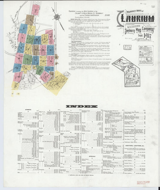 Sanborn Fire Insurance Map from Laurium, Houghton County, Michigan (1917), Sheet #0001 - Complete Map Set gallery image, historic Sanborn map, vintage wall art, Michigan Michigan