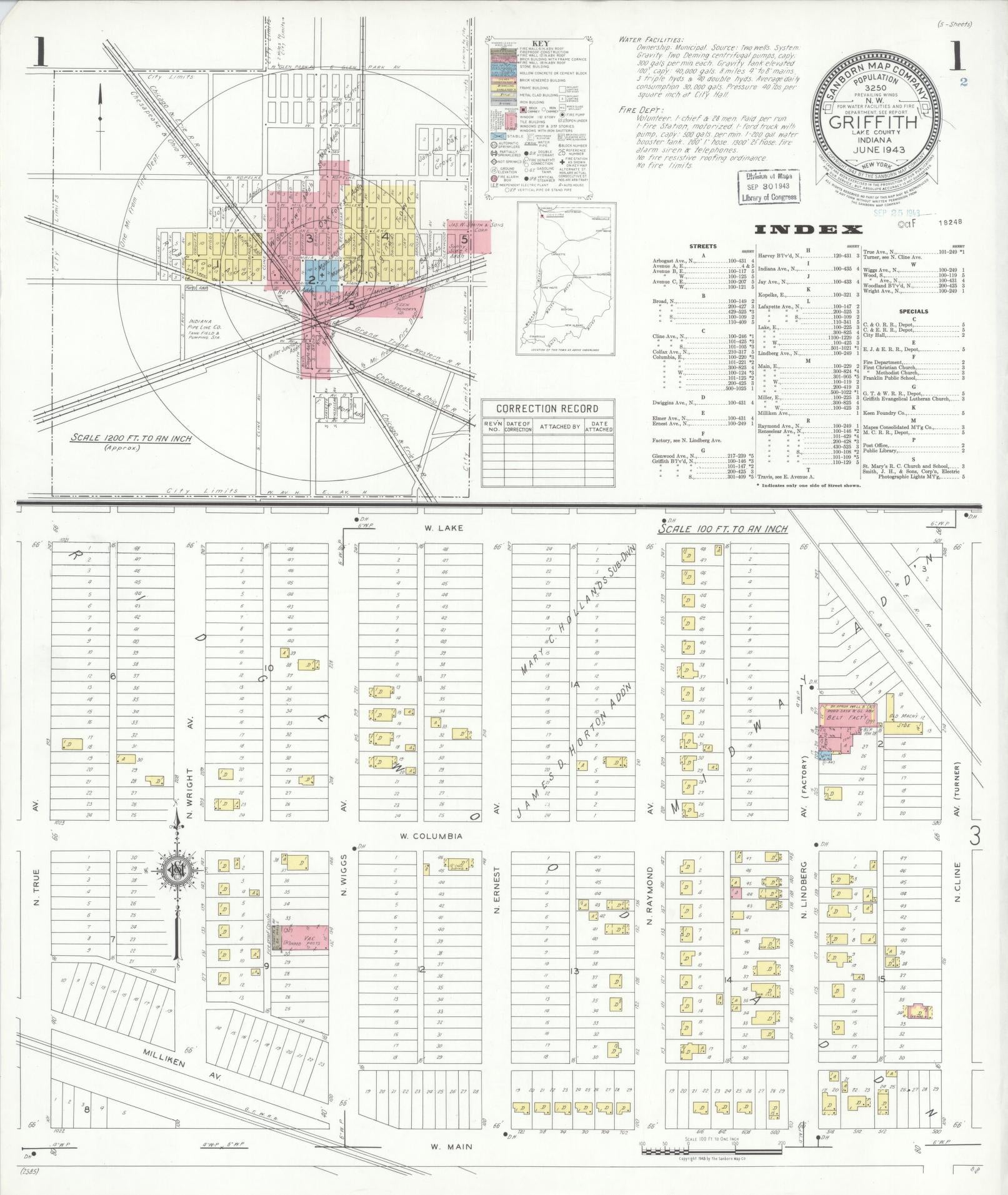Sanborn Fire Insurance Map from Griffith, Lake County, Indiana (1943), Sheet #0001 - Historic Sanborn Fire Insurance Map Print, vintage old map wall art, antique decor, genealogy gift, Indiana Indiana map