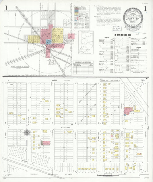 Sanborn Fire Insurance Map from Griffith, Lake County, Indiana (1943), Sheet #0001 - Historic Sanborn Fire Insurance Map Print, vintage old map wall art, antique decor, genealogy gift, Indiana Indiana map