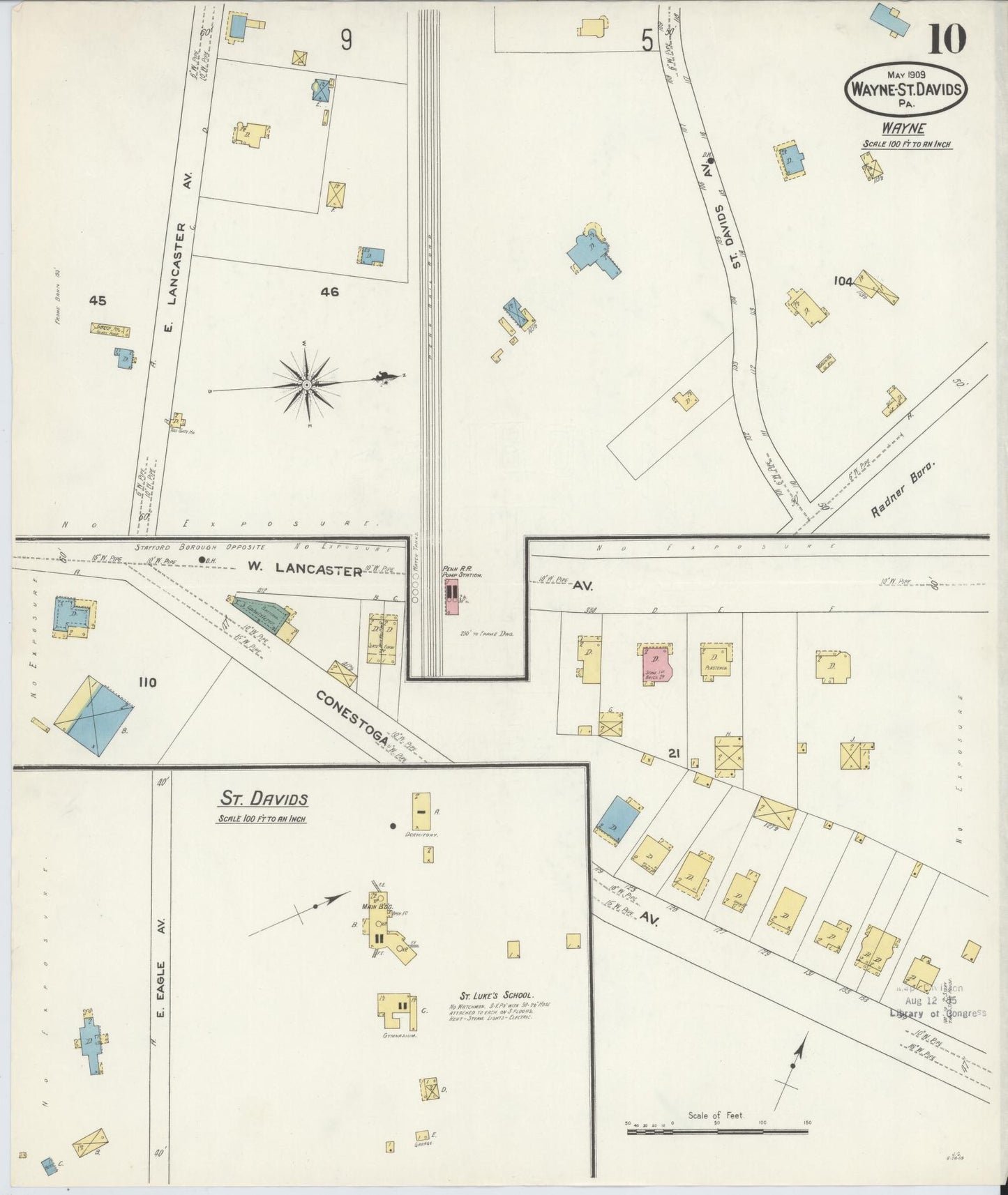 Sanborn Fire Insurance Map from Wayne, Delaware County, Pennsylvania (1909), Sheet #0010 - Historic Sanborn Fire Insurance Map Print, vintage old map wall art, antique decor, genealogy gift, Wayne Delaware map