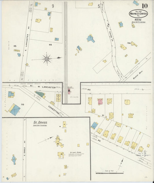 Sanborn Fire Insurance Map from Wayne, Delaware County, Pennsylvania (1909), Sheet #0010 - Historic Sanborn Fire Insurance Map Print, vintage old map wall art, antique decor, genealogy gift, Wayne Delaware map
