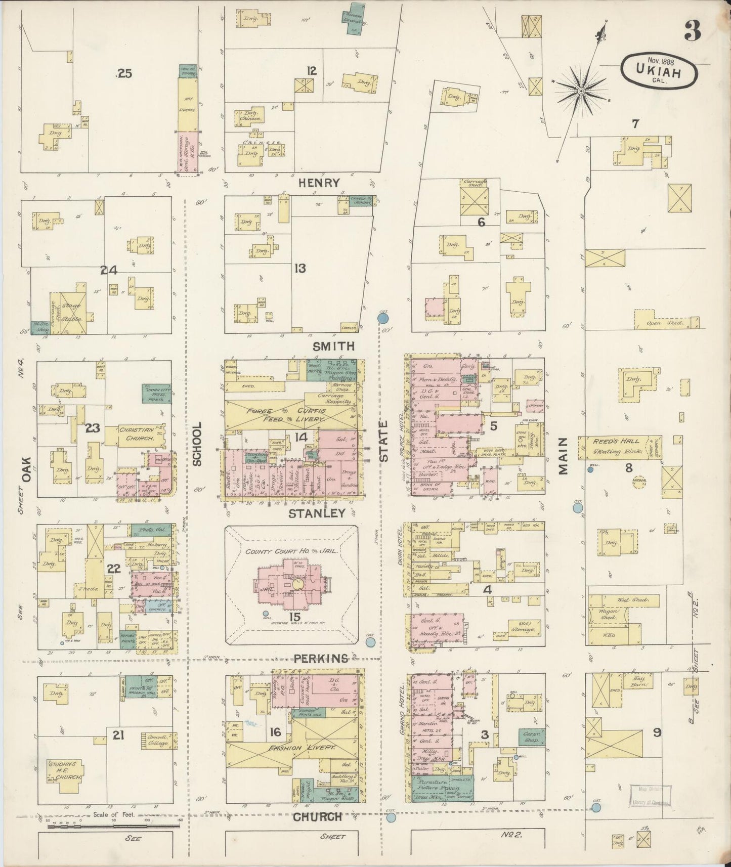 Sanborn Fire Insurance Map from Ukiah, Mendocino County, California (1888), Sheet #0003 - Complete Map Set gallery image, historic Sanborn map, vintage wall art, California California